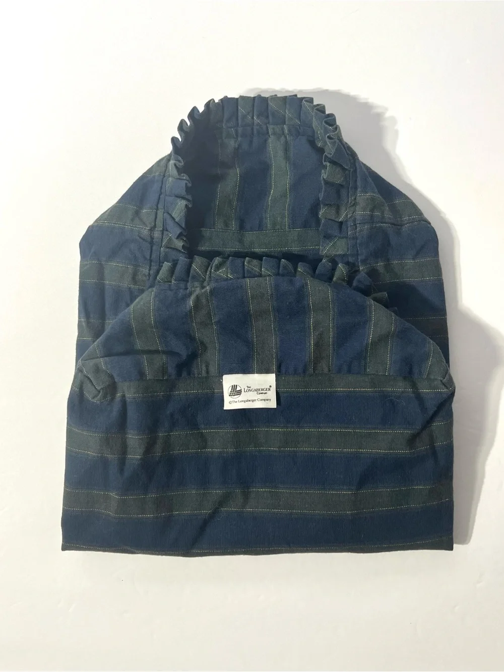 Longaberger Navy and Green Members Stripe 9x13 Ruffled Basket Liner